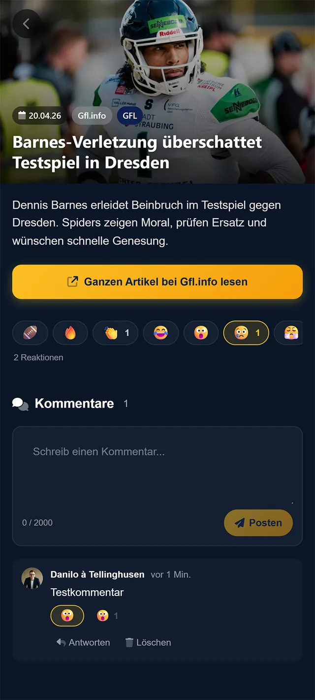 RDZN App: News-Artikel mit Reaktionen und Kommentaren