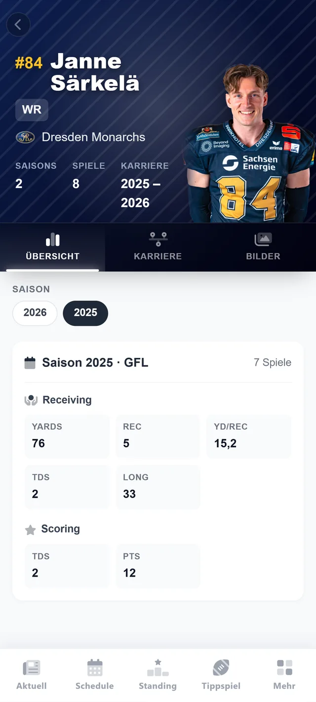 RDZN App: Spielerprofil mit Foto, Position und Saison-Stats