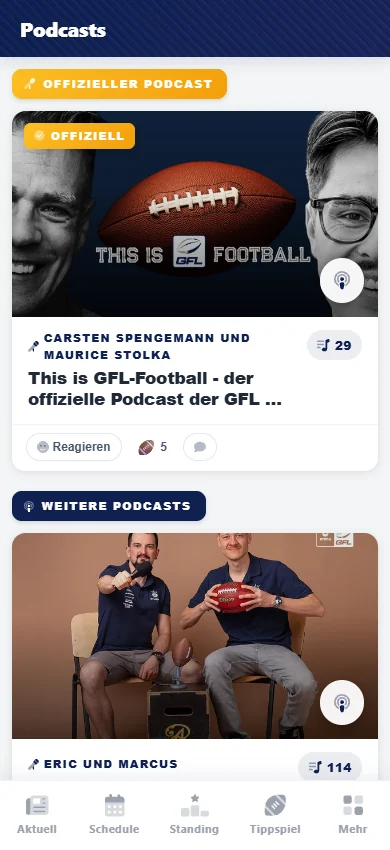 RDZN App: Podcast-Übersicht mit offiziellem GFL-Podcast