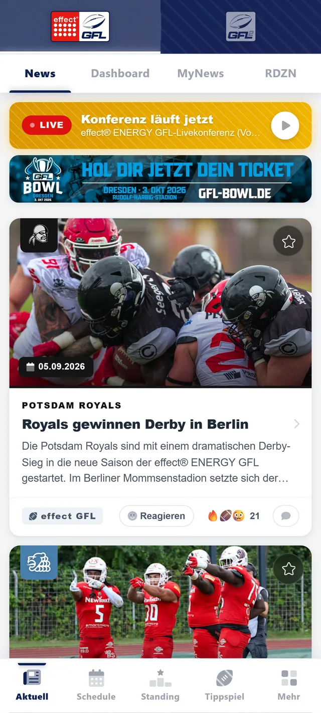 RDZN GFL App: News-Feed mit Live-Konferenz und GFL Bowl 2026 Ticket-Banner