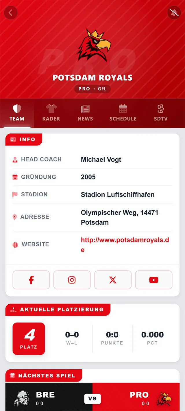 RDZN App: Team-Profil der Potsdam Royals in Rot