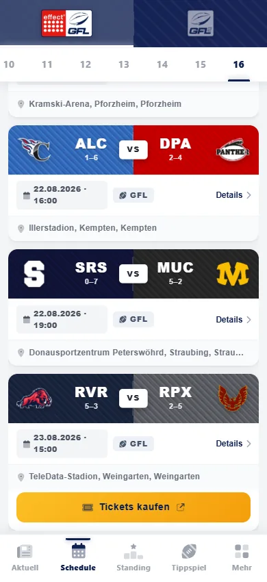RDZN App: Spielplan mit Tickets-kaufen-Button