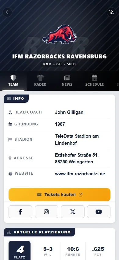 RDZN App: Team-Profil mit Tickets-kaufen-Button